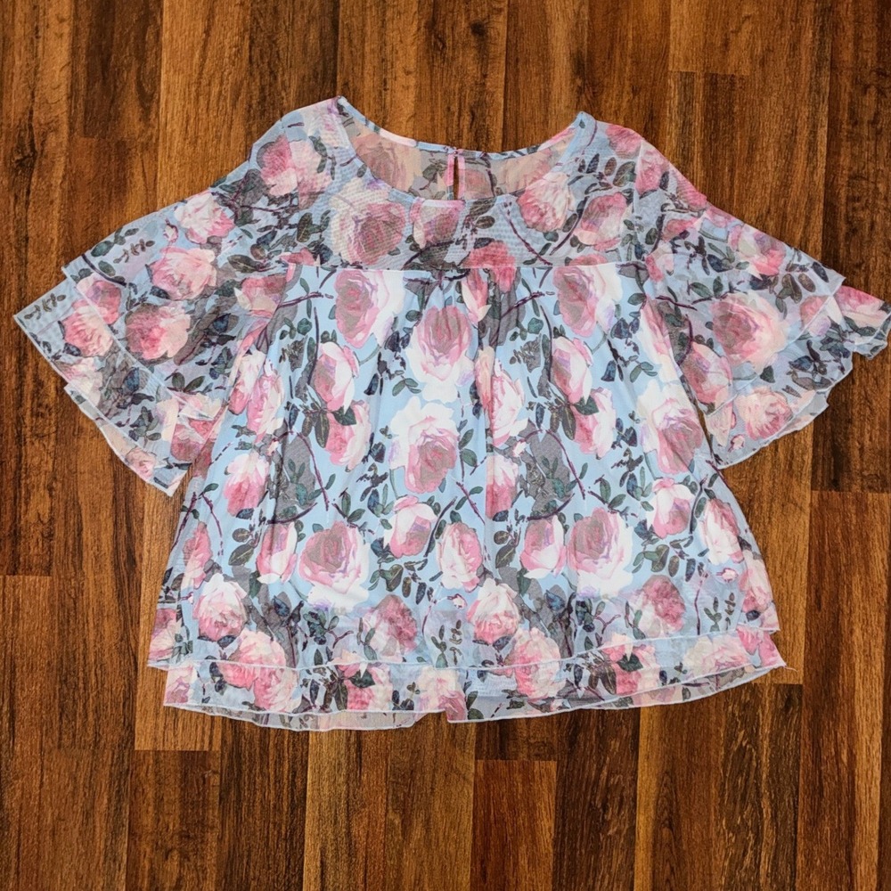 NY Collection Woman Blue Pink Floral Mesh Tiered Blouse 3X Ruffle Sleeve Top
